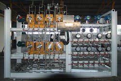 Positive displacement meters in a chemical skid. Courtesy of AW-Lake Company Positive displacement meters in a chemical skid. Courtesy of AW-Lake Company