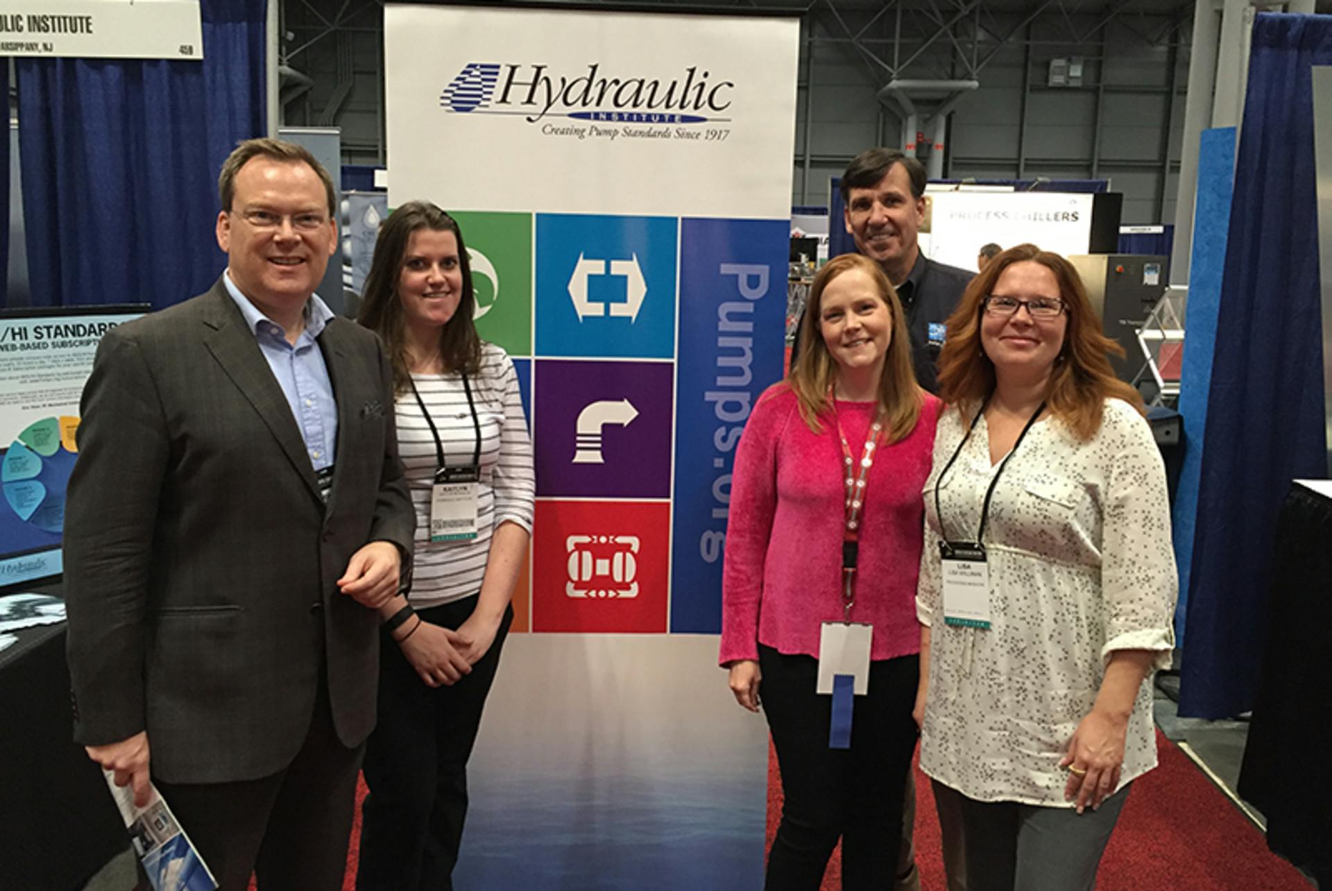 Left to right: Hydraulic Institute&rsquo;s Executive Director Mike Michaud; Marketing Engagement Associate Kaitlyn Reynolds; and Director, Education & Marketing, Mark Sullivan join the Process Flow Network&rsquo;s Lori Ditoro and Lisa Williman during Day 3 of Chem Show 2015.