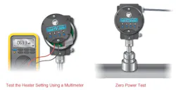 This Zero Power Test checks that the resistances of the RTDs have not changed since calibration. When the test is initiated, the meter automatically turns off the heater current and displays the temperature difference between the two sensor tips. (Courtesy Magnetrol International) This Zero Power Test checks that the resistances of the RTDs have not changed since calibration. When the test is initiated, the meter automatically turns off the heater current and displays the temperature difference between the two sensor tips. (Courtesy Magnetrol International)