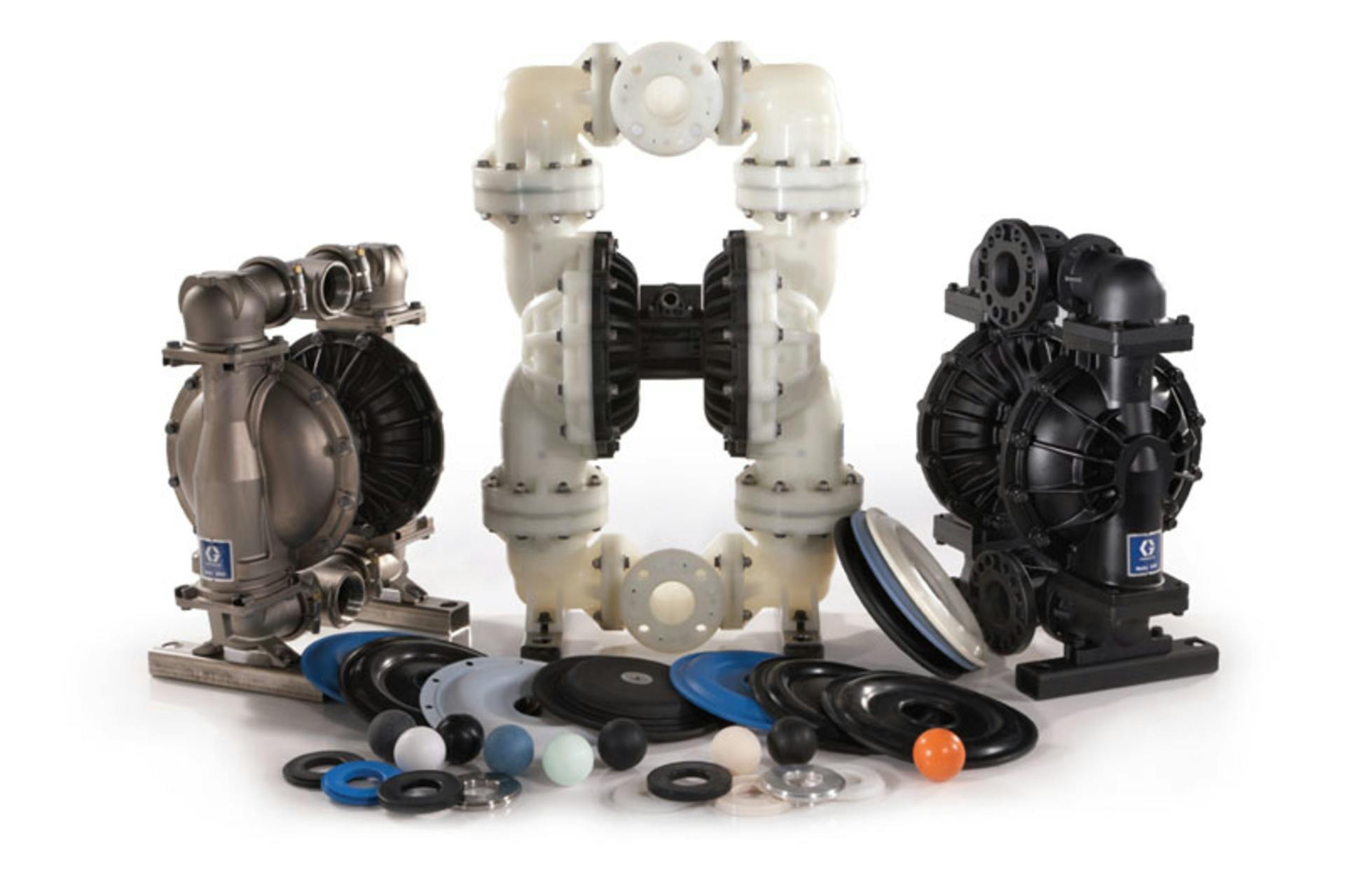 Example of stainless steel, polypropylene and aluminum AODD pumps with configurable wetted material. All graphics courtesy of Graco Inc.