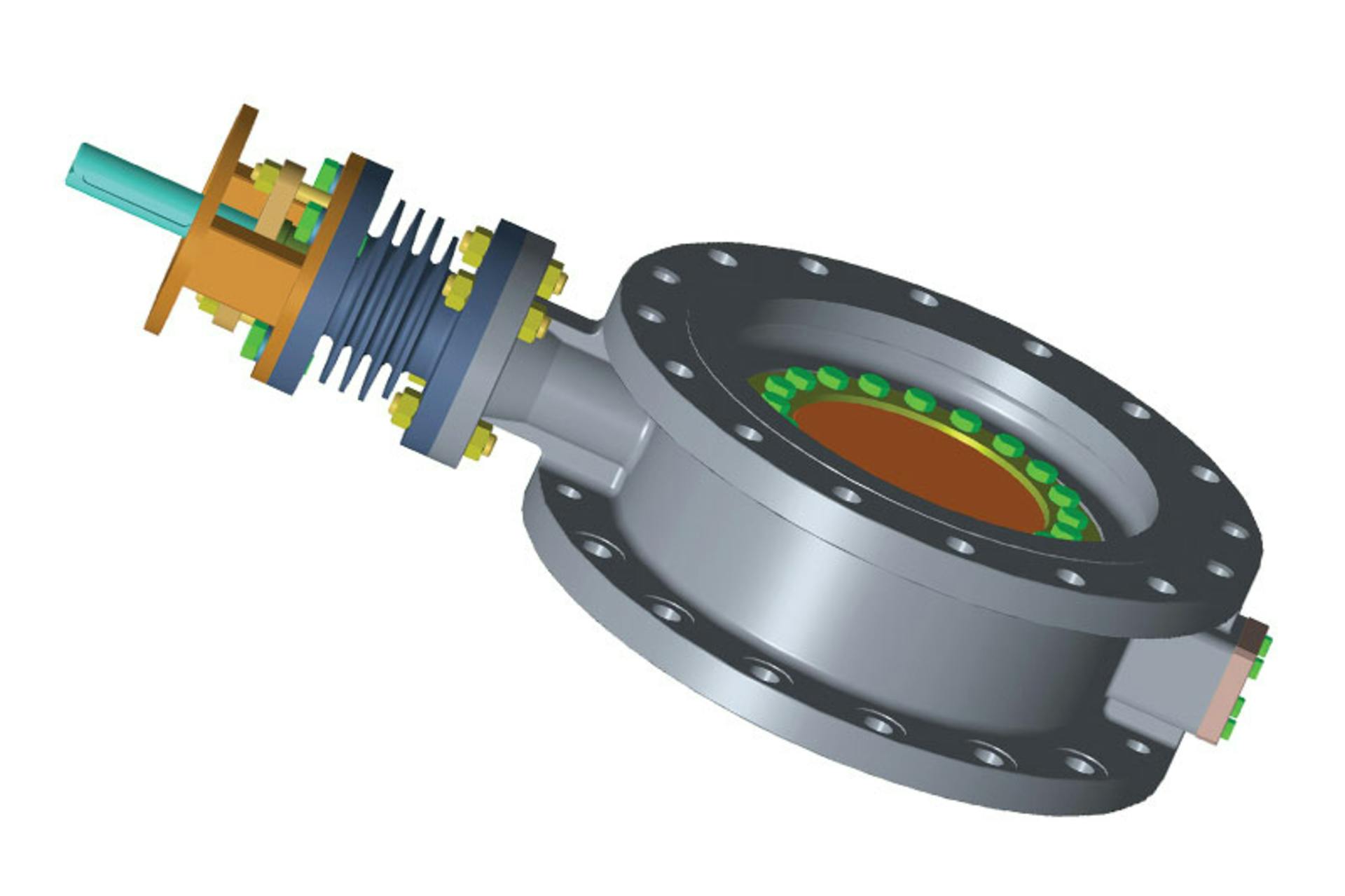 Figure 1. Triple offset butterfly valve with heat dissipation fins for high-temperature service. Graphic courtesy of L&T Valves