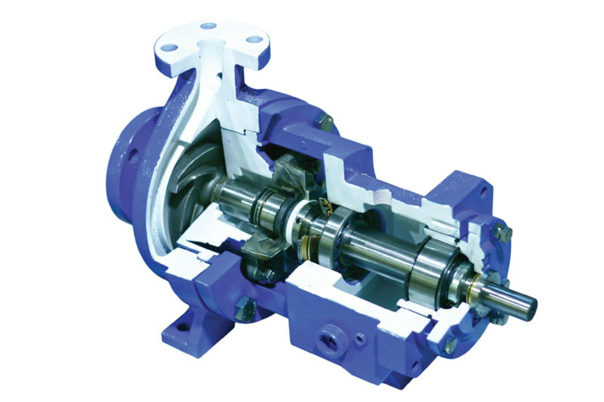 This internal view of an ANSI end suction centrifugal shows the rotating equipment inside the pump&rsquo;s frame. All images courtesy of Motion Industries