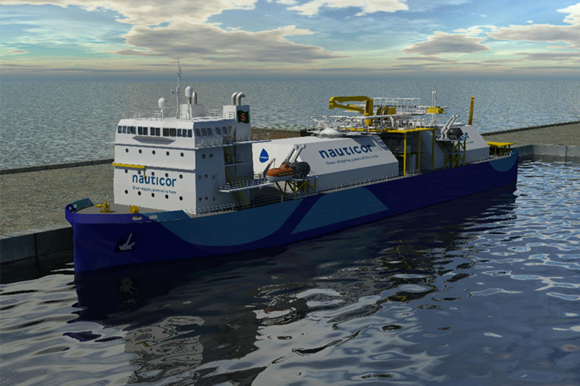 Example rendering of Bernhard Schulte&rsquo;s LNG bunkering vessel to be produced in partnership with H&oslash;glund Marine Automation. Image courtesy of H&oslash;glund.