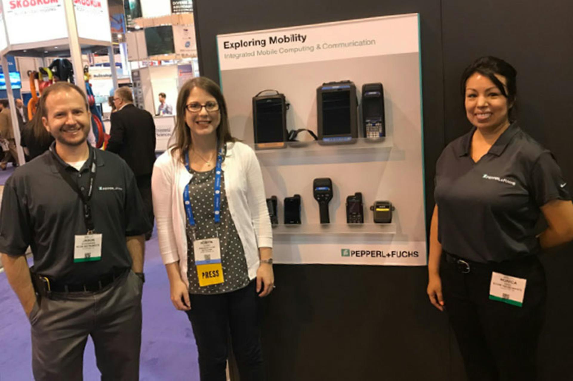 The Pepperl+Fuchs team showed Flow Control Editor in Chief Robyn Tucker its mobile devices for hazardous areas at the Offshore Technology Conference in May.