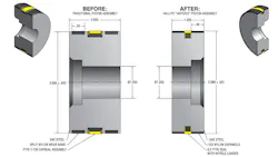 Figure 1. Comparison of a traditional and unitized piston. All graphics courtesy of Hallite