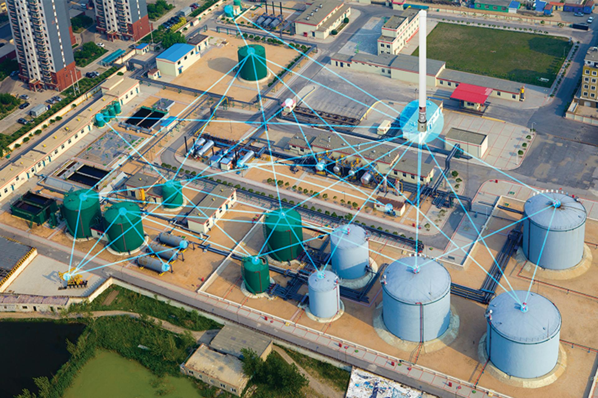 Figure 1. Wireless remote sensing systems use a network of sensors, radio nodes and gateways to monitor different assets of a tank farm without the need for cabling and trenching associated with wired systems. All graphics courtesy of SignalFire Wireless Telemetry