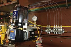 Easy to install, maintain and understand, single-line systems use injectors to deliver a precise amount of lubrication to multiple points. The single-line system shown is slightly more complex than most, but is effective for the application. All graphics courtesy of Graco Easy to install, maintain and understand, single-line systems use injectors to deliver a precise amount of lubrication to multiple points. The single-line system shown is slightly more complex than most, but is effective for the application. All graphics courtesy of Graco