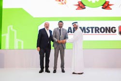 Pictured (left to right) are Mr. Albert Aoun, Chairman of IFP Group, Mr Rajmohan Govindarajan of Armstrong Fluid Technology and Mr. Ali Jasim, CEO of Etihad Esco at the RetrofitTech2018 Awards. Graphic courtesy of Armstrong Fluid Technology Pictured (left to right) are Mr. Albert Aoun, Chairman of IFP Group, Mr Rajmohan Govindarajan of Armstrong Fluid Technology and Mr. Ali Jasim, CEO of Etihad Esco at the RetrofitTech2018 Awards. Graphic courtesy of Armstrong Fluid Technology