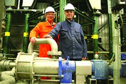 Rob van Oostveen, right, maintenance manager for Organik Kimya, uses disc pumps to manufacture polymer emulsions. Rob Blok, left, account manager for Verder B.V., works with van Oostveen in this regard. Courtesy Mouvex