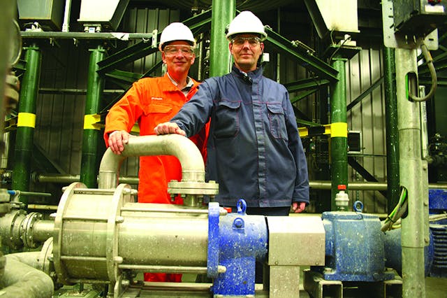 Rob van Oostveen, right, maintenance manager for Organik Kimya, uses disc pumps to manufacture polymer emulsions. Rob Blok, left, account manager for Verder B.V., works with van Oostveen in this regard. Courtesy Mouvex