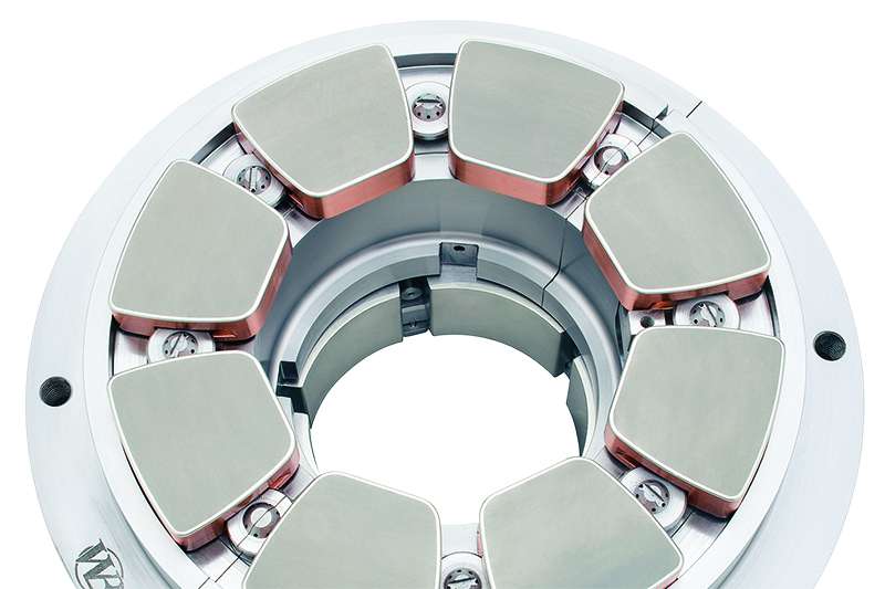 This combination tilt pad bearing has copper-backed babbitt thrust pads and steel-backed babbitt journal pads. All graphics courtesy of Waukesha Bearings.