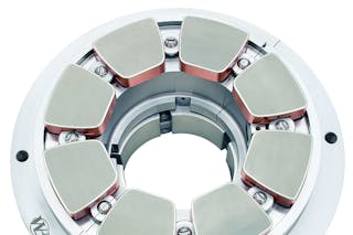 This combination tilt pad bearing has copper-backed babbitt thrust pads and steel-backed babbitt journal pads. All graphics courtesy of Waukesha Bearings.
