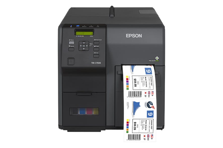 The ColorWorksC7500 Inkjet Label Printer for Just-In-Time Color printing speeds through multiple full-color labels with variable data up to 11.8 inches per second. Courtesy of Epson America Inc.