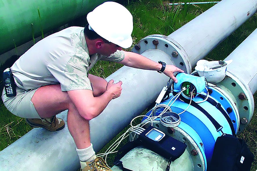 Figure 1. To perform external verification of an electromagnetic flowmeter, a technician connects a verification tool and a simulation box to the flowmeter without removing it from the pipe. All images courtesy of Endress+Hauser.