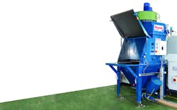 Silicon powder and additives are manually emptied into the bag dump station and floor hopper. The station includes a bag tray support and dust collection through two cartridge filters. Powders flow from the hopper outlet through a pickup adapter into the pneumatic conveying line. | All images courtesy of Flexicon Silicon powder and additives are manually emptied into the bag dump station and floor hopper. The station includes a bag tray support and dust collection through two cartridge filters. Powders flow from the hopper outlet through a pickup adapter into the pneumatic conveying line. | All images courtesy of Flexicon