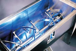 Image 1. In addition to the double ribbon agitator, a highspeed chopper is mounted on the back sidewall of this ribbon blender for dispersing persistent clumps as necessary. An end-wall scraper may also be added to further eliminate stagnant pockets of unmixed material. All images courtesy of Charles Ross & Son Company. Image 1. In addition to the double ribbon agitator, a highspeed chopper is mounted on the back sidewall of this ribbon blender for dispersing persistent clumps as necessary. An end-wall scraper may also be added to further eliminate stagnant pockets of unmixed material. All images courtesy of Charles Ross & Son Company.