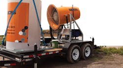 The unit is mounted on a towable road trailer fitted with a 500-gallon (1,893-liter) water tank. All images courtesy of Dust Control Technology