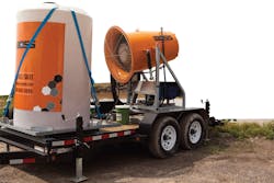 The unit is mounted on a towable road trailer fitted with a 500-gallon (1,893-liter) water tank. All images courtesy of Dust Control Technology The unit is mounted on a towable road trailer fitted with a 500-gallon (1,893-liter) water tank. All images courtesy of Dust Control Technology