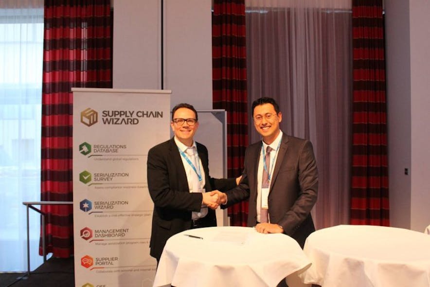 Evren Ozkaya, founder and CEO of Supply Chain Wizard (left), with Adrian van der Hoven, director general of Medicines for Europe | Image courtesy of Supply Chain Wizard