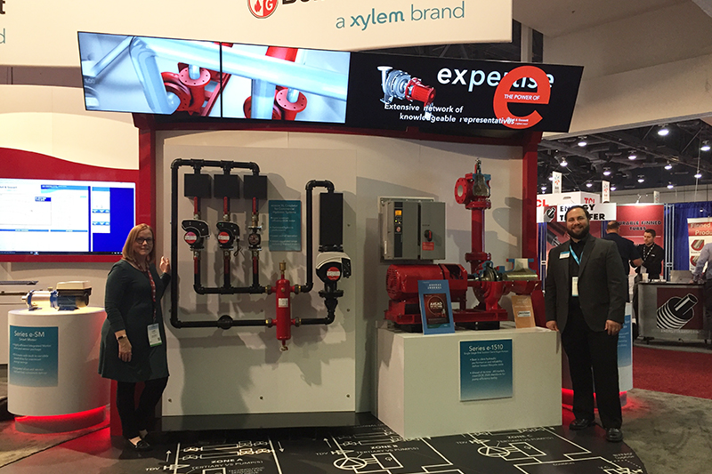 Editor in Chief Lori Ditoro (L) and Xylem&rsquo;s Kyle DelPiano (R) at the 2017 AHR Expo