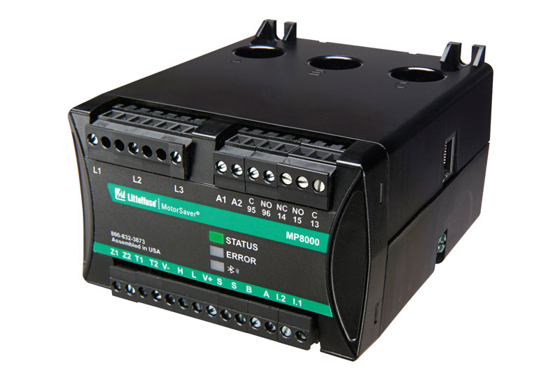 An example of a motor protection relay that communicates to a technician&rsquo;s smart phone via a Bluetooth connection. The worker can see fault codes and troubleshoot motors while remaining safely outside the electrical panel. All graphics courtesy of Littelfuse
