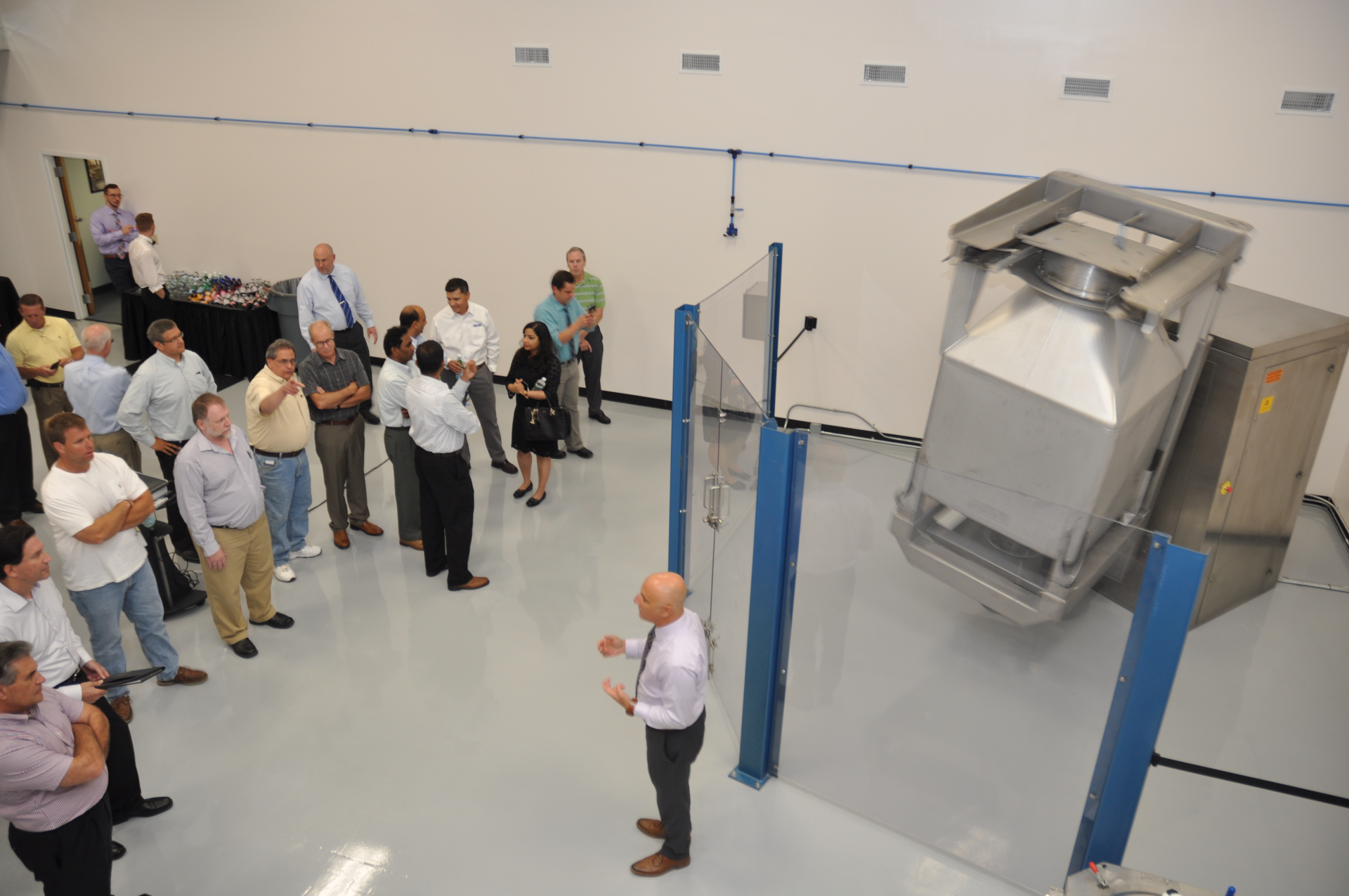 Matcon Americas demonstrates its IBC blender at the grand opening of its new 8,000-square-foot facility in Delran, New Jersey. Photo courtesy of Matcon Americas