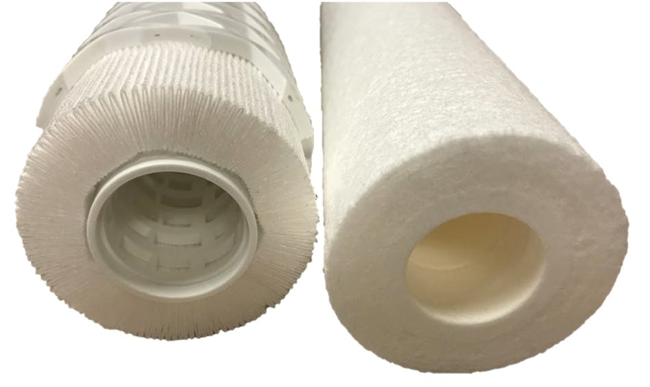 Image 1. In traditional melt-blown filters, cartridges are cylindrical blocks of porous media. Pleated elements pack a cartridge with densely folded specialty media, multiplying the surface area available to trap contaminants. All images courtesy of Donaldson Company Inc.