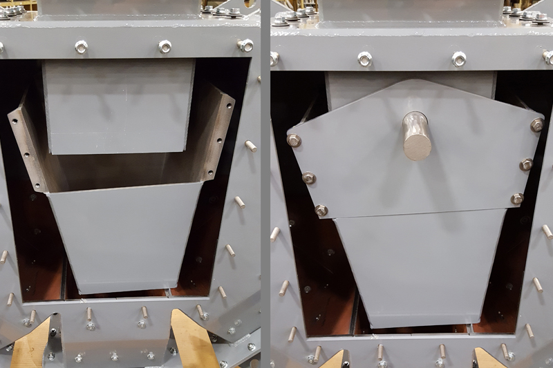 The interior chute of the pivoting chute diverter is designed to direct uninterrupted material flow, as well as handle abrasive products. Images courtesy of Vortex.