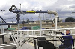 Swivel joints support this loading-arm system with a 15-foot reach, drop tubes long enough to reach the interior bottom of any railcar, and a torsionspring counterbalance. Image courtesy of OPW Engineered Systems Swivel joints support this loading-arm system with a 15-foot reach, drop tubes long enough to reach the interior bottom of any railcar, and a torsionspring counterbalance. Image courtesy of OPW Engineered Systems