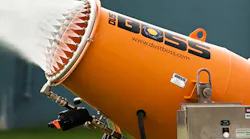 The industrial fan and misting ring work in tandem to offer wide area coverage. Image courtesy of BossTek