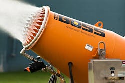 The industrial fan and misting ring work in tandem to offer wide area coverage. Image courtesy of BossTek The industrial fan and misting ring work in tandem to offer wide area coverage. Image courtesy of BossTek