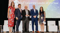 Emerson’s CTO Peter Zornio, third from left, accepts the McRock Capital IIoT Corporate Leader of the Year award on behalf of the company from the McRock Capital team including, from left to right, Co-founders and Managing Partners Whitney Rockley and Scott McDonald, Principal Jeremy Gilman and Associate Ha Nguyen at the firm’s IIoT Symposium on June 20. The award recognizes Emerson’s long-term success as an IIoT leader in deploying solutions across the globe.
