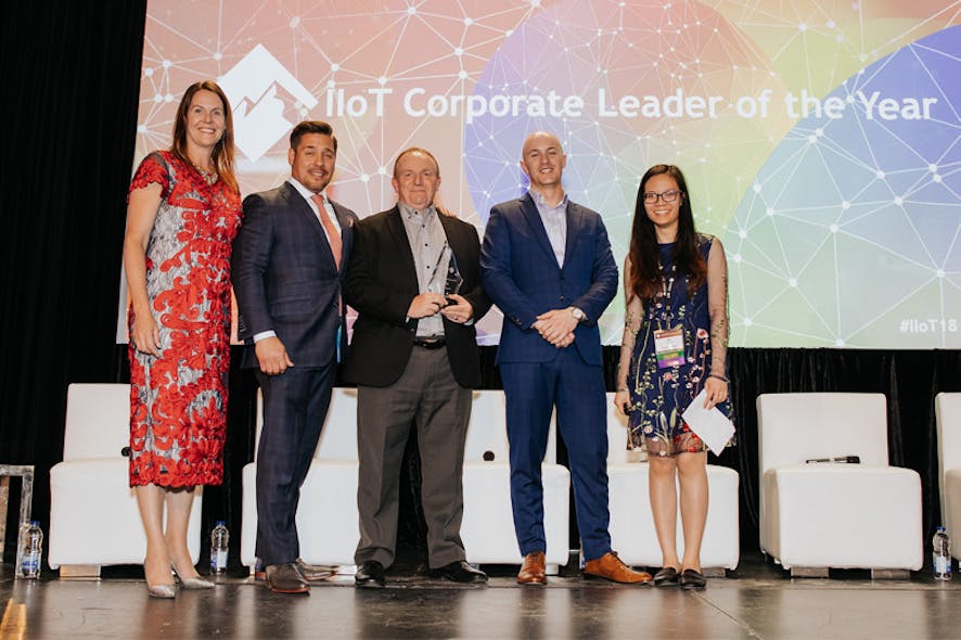 Emerson&rsquo;s CTO Peter Zornio, third from left, accepts the McRock Capital IIoT Corporate Leader of the Year award on behalf of the company from the McRock Capital team including, from left to right, Co-founders and Managing Partners Whitney Rockley and Scott McDonald, Principal Jeremy Gilman and Associate Ha Nguyen at the firm&rsquo;s IIoT Symposium on June 20. The award recognizes Emerson&rsquo;s long-term success as an IIoT leader in deploying solutions across the globe.
