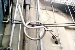 Bended relief line caused by an explosion and insufficient support. All graphics courtesy of DEKRA Process Safety Bended relief line caused by an explosion and insufficient support. All graphics courtesy of DEKRA Process Safety