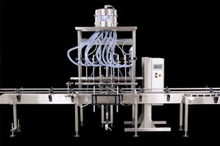 Eight-head gravity/pressure-gravity filler suitable for bottling water-thin to medium consistent viscosity liquids and featuring stainless steel and anodized aluminum construction for longer life. All graphics courtesy of E-PAK Machinery Inc.