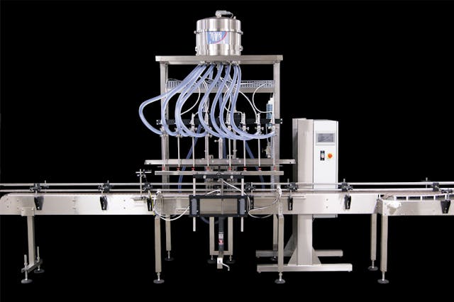 Eight-head gravity/pressure-gravity filler suitable for bottling water-thin to medium consistent viscosity liquids and featuring stainless steel and anodized aluminum construction for longer life. All graphics courtesy of E-PAK Machinery Inc.
