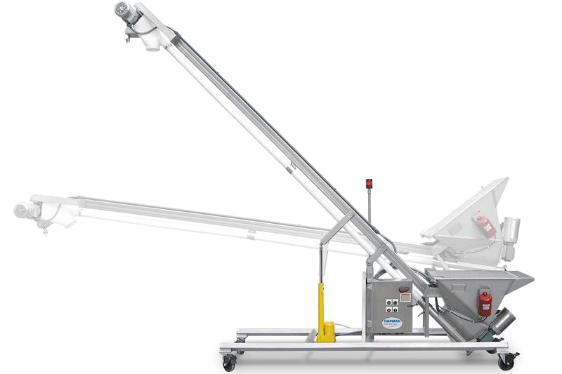 Employing a Hi/Lo or tilt-style flexible screw conveyor is an ideal option for powder-handling applications where total evacuation of conveyed materials is critical. All graphics courtesy of Hapman
