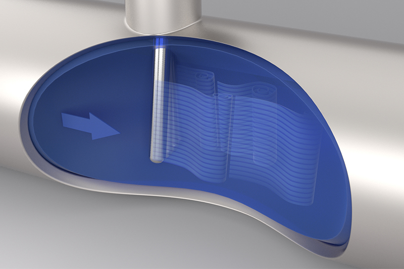 Figure 1.Fluid flowing around a conventional thermowell profile creates wake-shedding vibration, which can shorten thermowell life. All images courtesy of Emerson Automation Solutions