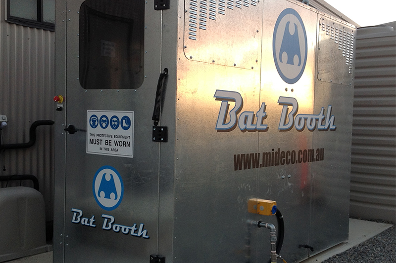 Mideco&rsquo;s Bat Booth permanently and quickly removes dust from workers&rsquo; clothing. Image courtesy of Mideco