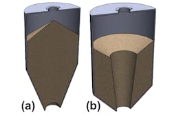 Figure 1. Two no-flow problems, cohesive arching (a), and stable rathole (b). Images courtesy of Jenike & Johanson Figure 1. Two no-flow problems, cohesive arching (a), and stable rathole (b). Images courtesy of Jenike & Johanson