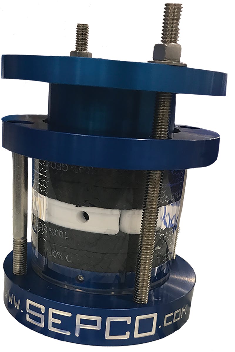 This clear stuffing box shows packing that is correctly seated and fully loaded. Properly installed packing forms an effective seal. Leakage will be less than 10 to 12 drops per minute of shaft diameter. All images courtesy of SEPCO.
