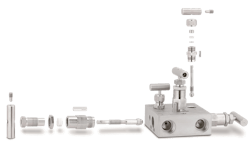 Figure 3. A manifold consists of multiple valves machined from a single block of metal to enable isolation for transmitter calibration or service. Figure 3. A manifold consists of multiple valves machined from a single block of metal to enable isolation for transmitter calibration or service.
