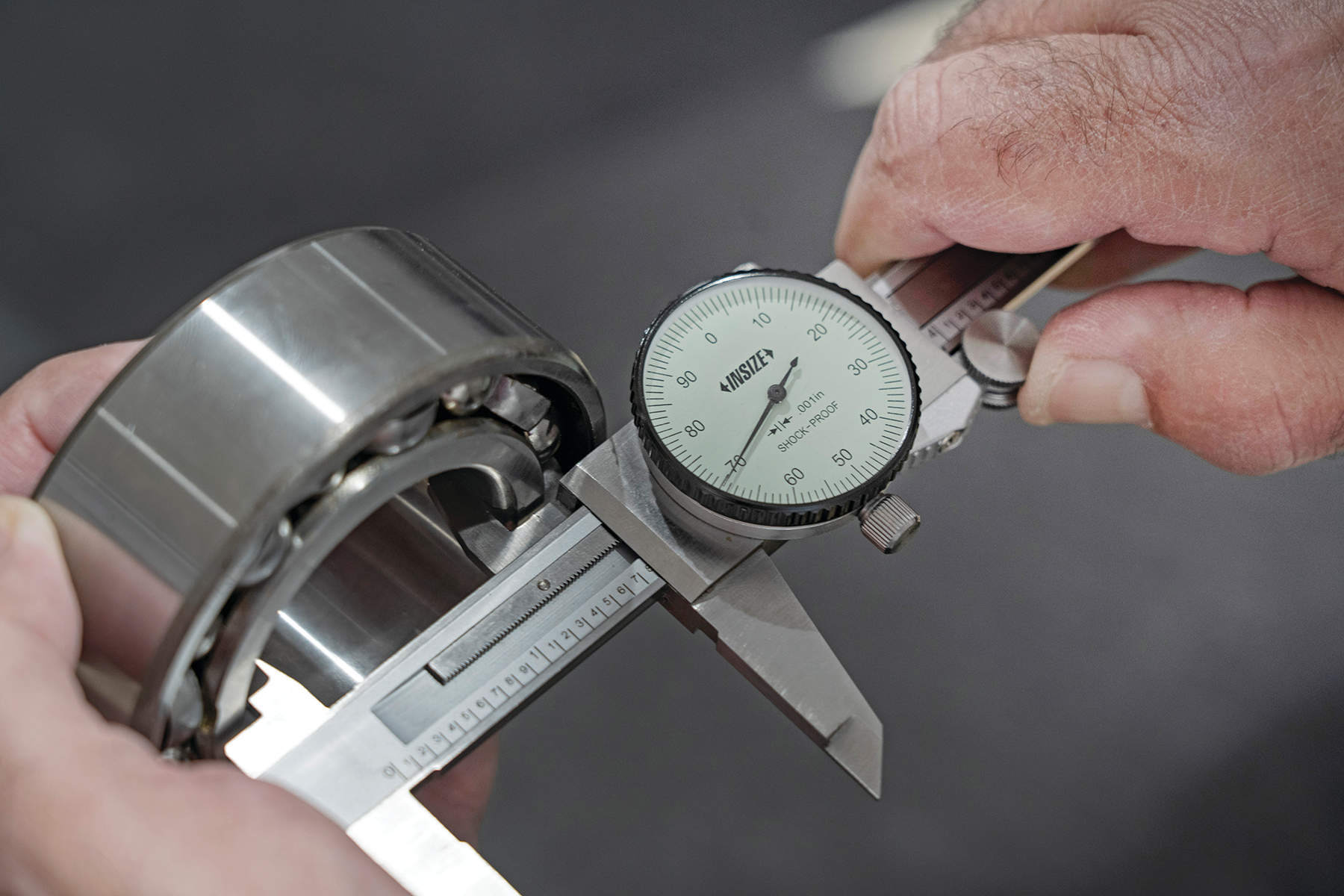 A dial caliper is used to measure the inner ring of this double row ball bearing. All photos courtesy of Motion Industries