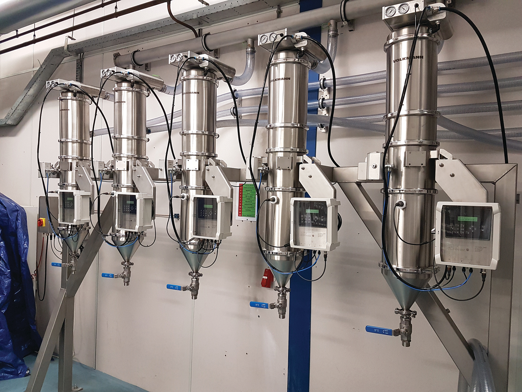 The five vacuum receivers specially modified to the customer&rsquo;s requirements for buffer storage, individual control and in- series connection to the existing 10 L containers. All images courtesy of Volkmann