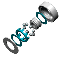 Image 1. Rolling element bearings combine seven distinct parts. They create less friction than wear rings. Photos courtesy of Trelleborg Sealing Solutions Image 1. Rolling element bearings combine seven distinct parts. They create less friction than wear rings. Photos courtesy of Trelleborg Sealing Solutions