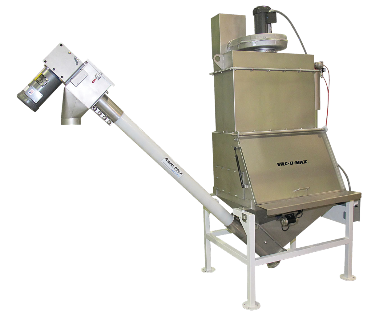 Mobile Vacuum Conveying Systems feature lift frames and can be rolled-in-place over processing or packaging equipment to accommodate various discharge heights. Images courtesy of VAC-U-MAX