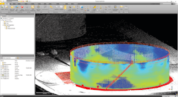 After initial processing, the point cloud of a storage tank is ready for analysis. Software can automatically combine data from multiple scans.