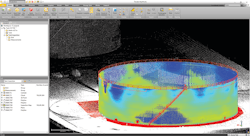After initial processing, the point cloud of a storage tank is ready for analysis. Software can automatically combine data from multiple scans. After initial processing, the point cloud of a storage tank is ready for analysis. Software can automatically combine data from multiple scans.