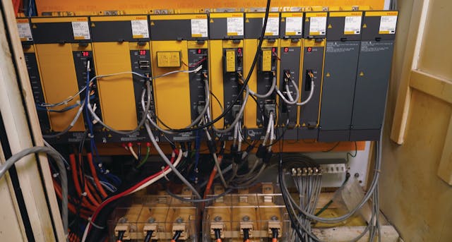Pictured here are FANUC&rsquo;s powerhouse solutions on display, from the left is the power supply module, two of our spindle modules (SPM), three drives with single digit displays for the servo modules (SVM), and power failure backup modules.