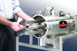 Opening a hinged door at the discharge end of the screening chamber of Kason’s centrifugal sifter allows the retainer plate, screen cylinder and helical paddle/feed screw assembly to be removed quickly and easily. Opening a hinged door at the discharge end of the screening chamber of Kason’s centrifugal sifter allows the retainer plate, screen cylinder and helical paddle/feed screw assembly to be removed quickly and easily.